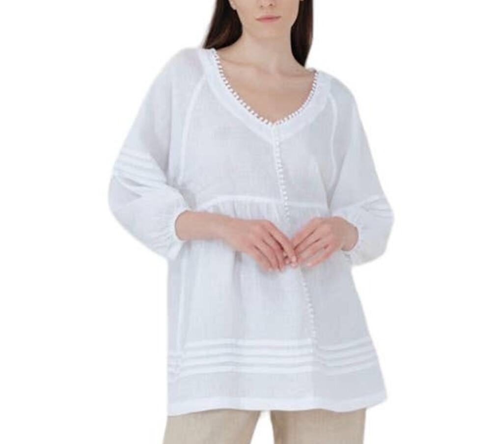 Haris Cotton Curve V Neck White 100% Linen Pom Pom Trim Tunic Blouse Greece M